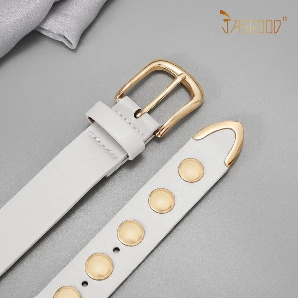 Women's White Fashion Leather Belt Punk Studded Belt for Jeans Pants Dresses